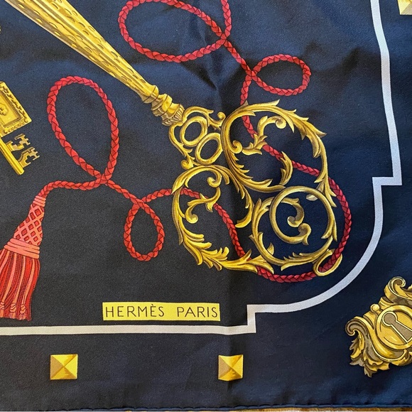 Hermes France  35+" Sq Black Red Grey Gold Silk Scarf- Keys Design & Box - Picture 4 of 7